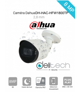 CAMÉRA Dahua 8 MÉGAPIXELS TUBE EXTERIEUR 2.8MM DH-HAC-HFW1800TP